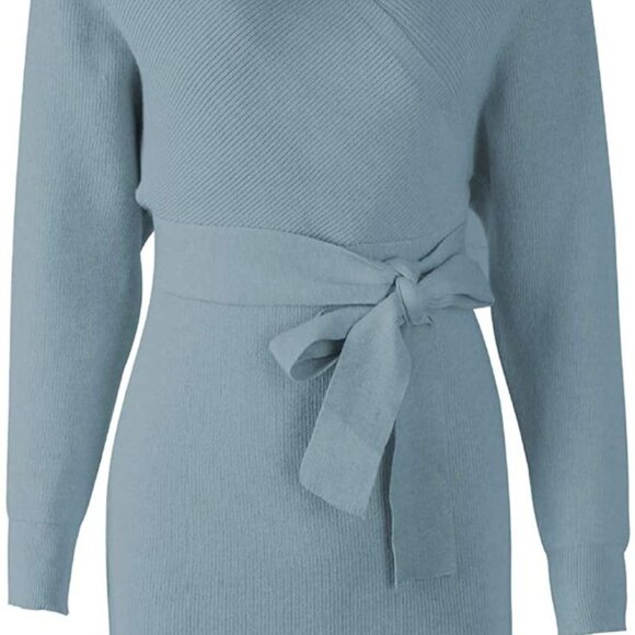 Women's Sexy Cocktail Batwing Long Sleeve Backless Mock Wrap Knit Sweater Dress - Picture 4 of 8